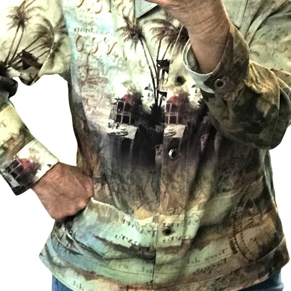 Impulse California Button-Down Shirt: Vintage World Map Print Blouse, Size XL - Picture 3 of 10